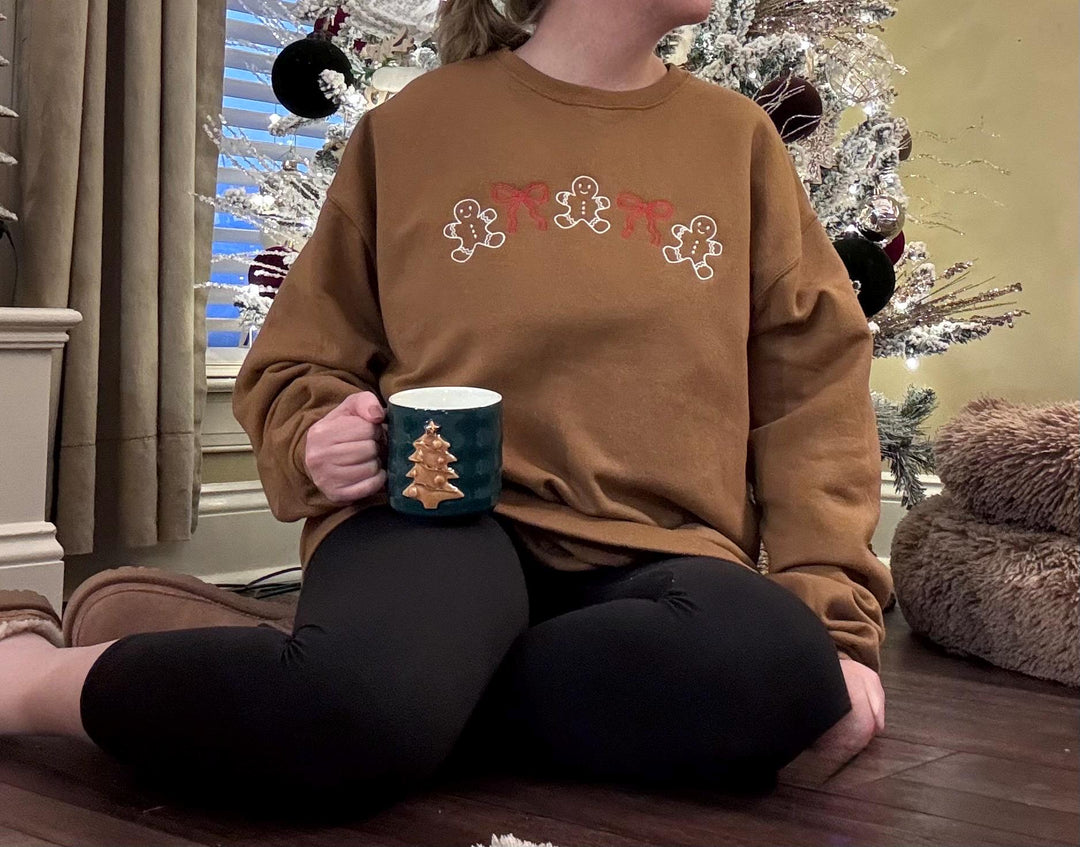 Gingerbread Christmas Sweatshirt, Embroidered Gingerbread Bow Crewneck for Women, Cozy Holiday Shirt, Christmas Gift