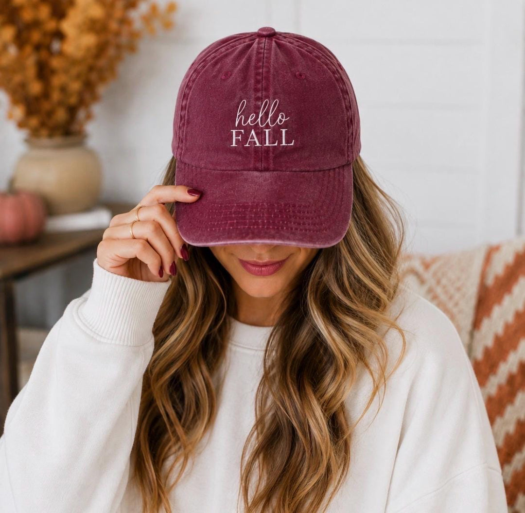 Hello Fall Hat, Embroidered Baseball Cap, Burgundy Cotton Dad Hat, Autumn Outfit Accessory, Fall Gift for Her, Pumpkin Patch Baseball Hat