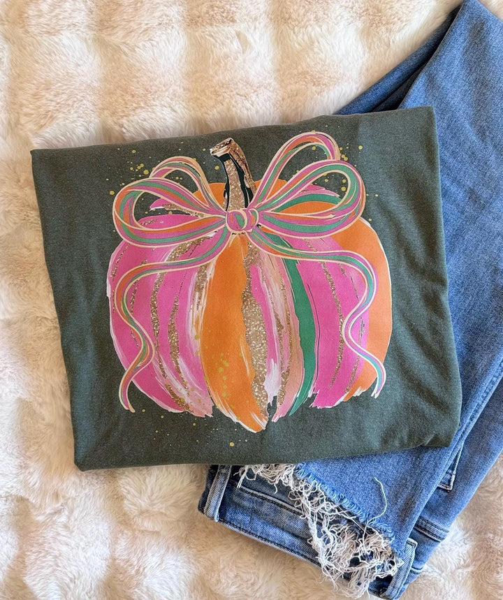 Colorful Pumpkin Bow Shirt, Preppy Autumn Graphic Tee, Comfort Colors Fall Top, Thanksgiving Outfit for Women