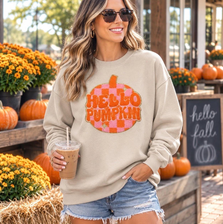 Hello Pumpkin Chenille Sweatshirt, Pumpkin Patch Sweatshirt, Fall Sweatshirt for Women, Cozy Autumn Crewneck