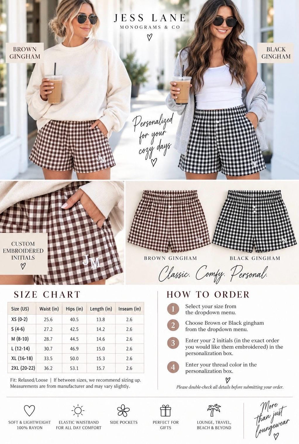Monogram Gingham Lounge Shorts | Personalized Embroidered Shorts | Preppy Monogram Gift for Her