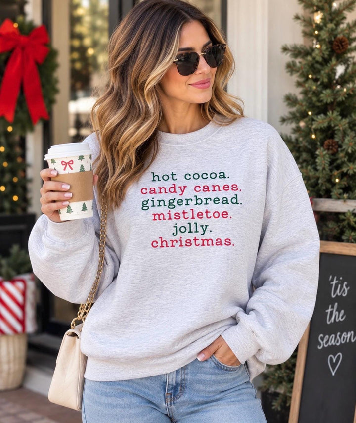 Embroidered Christmas Sweatshirt, Hot Cocoa Candy Cane & Gingerbread Crewneck for Women