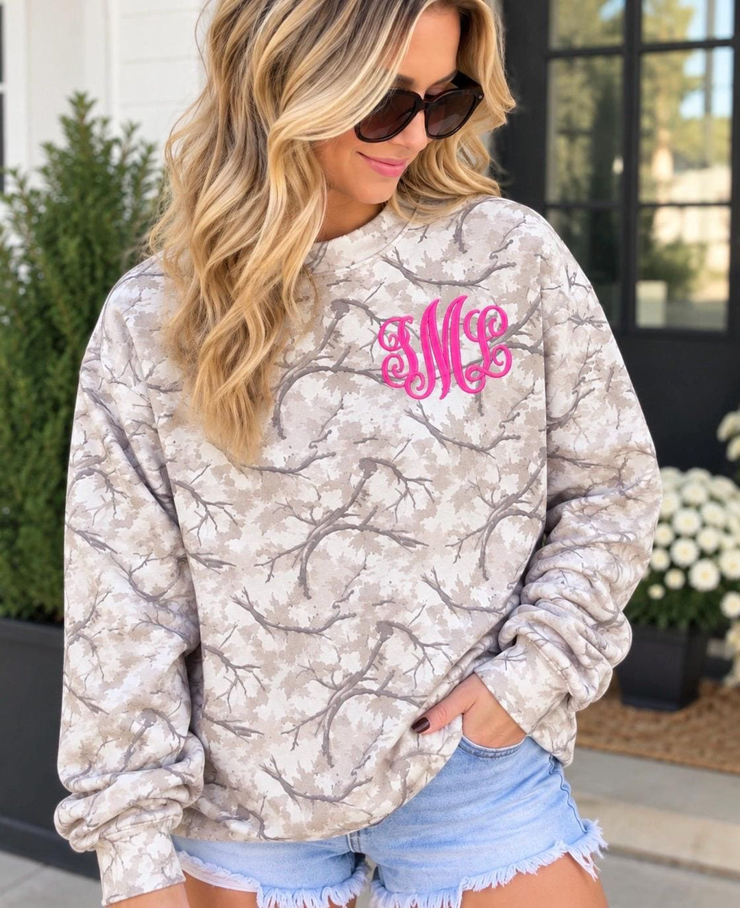 Monogram Camo Sweatshirt for Women, Embroidered Initial Crewneck