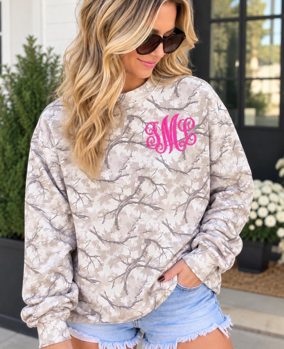 Monogram Camo Sweatshirt for Women, Embroidered Initial Crewneck
