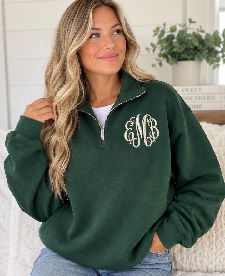 Monogram Quarter Zip for Women, Personalized Embroidered Pullover, Preppy Initial Sweatshirt