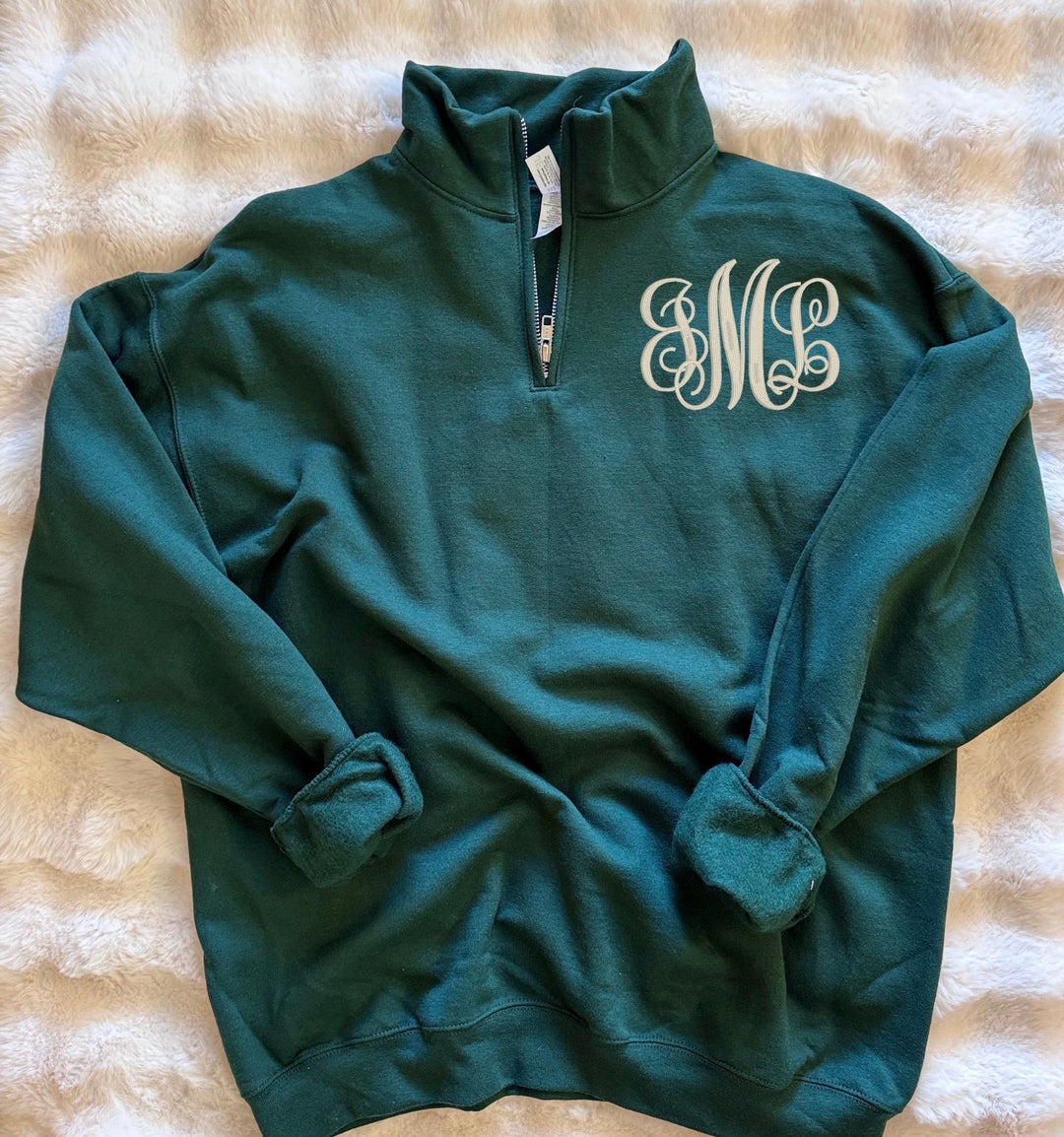 Green monogram quarter zip sweatshirt for women with cream three-letter vine monogram embroidery on the left chest, personalized Jerzees pullover.