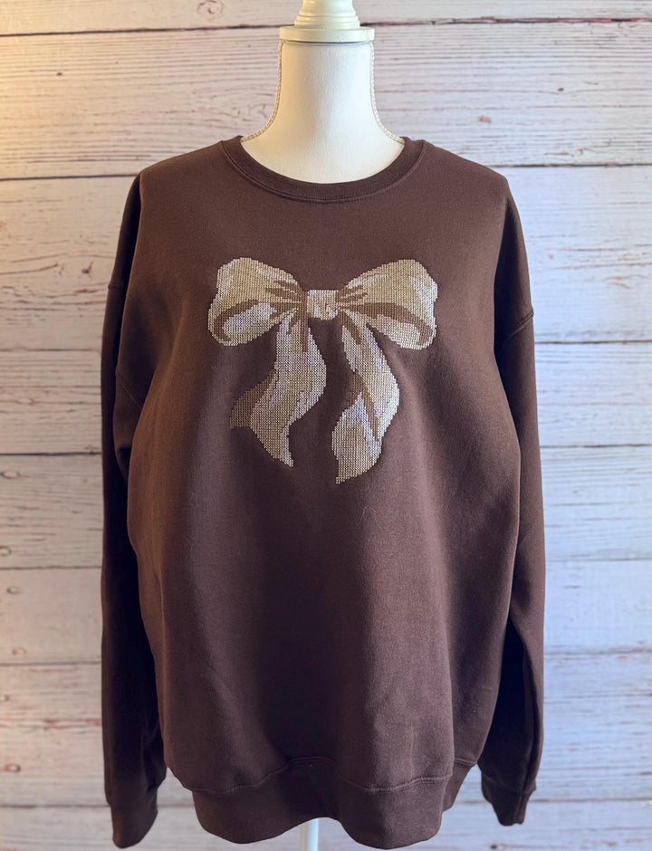 Embroidered Bow Sweatshirt for Women - Brown Christmas Crewneck