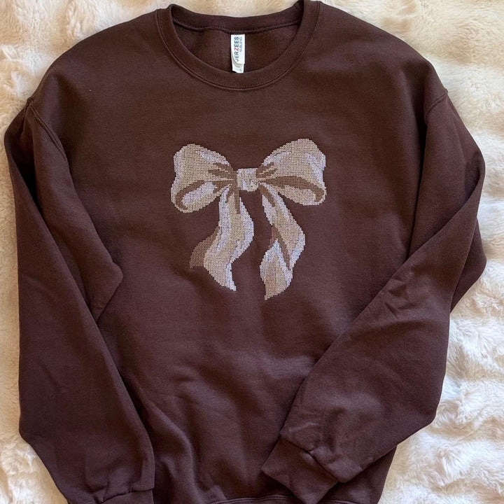 Embroidered Bow Sweatshirt for Women - Brown Christmas Crewneck