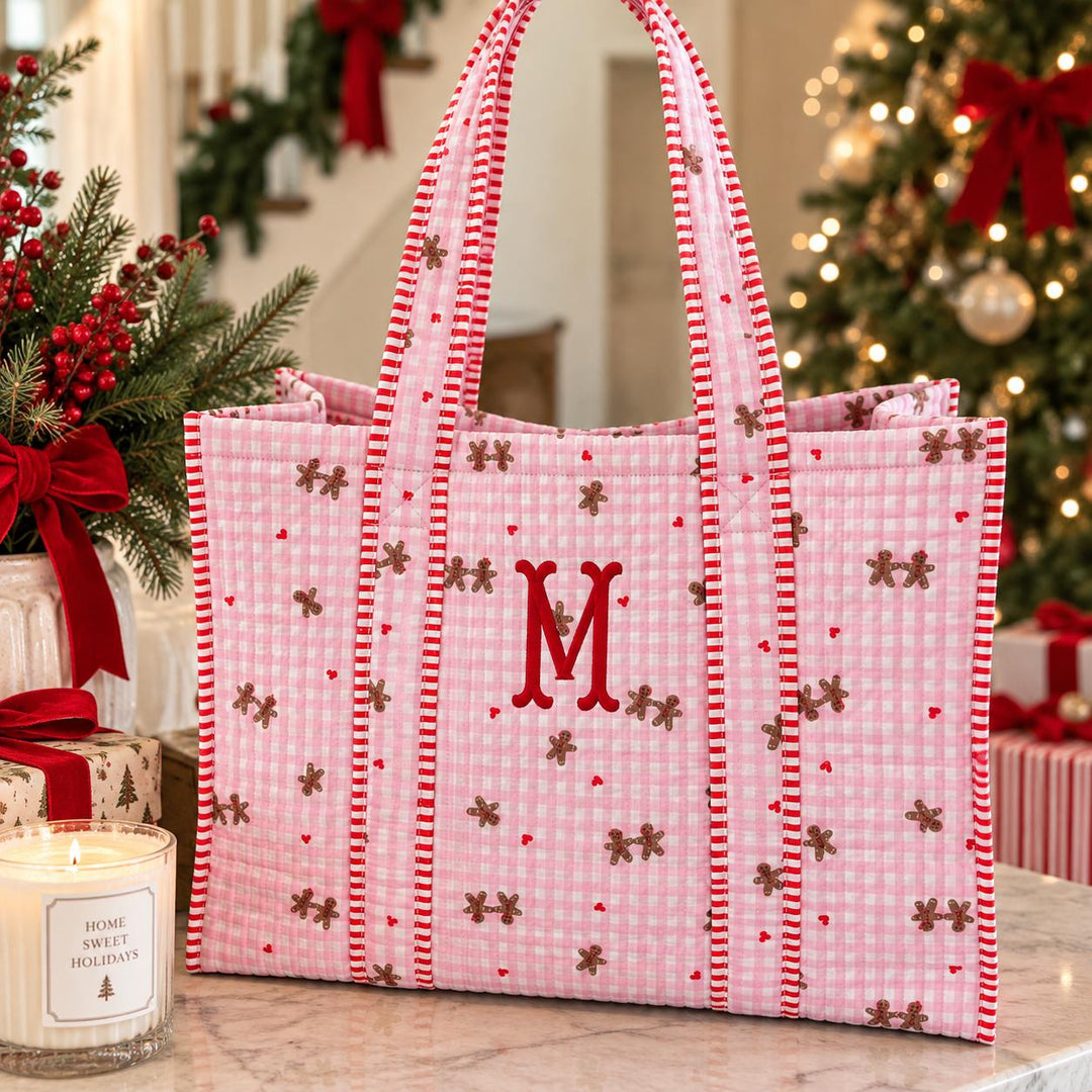 Monogram Christmas Tote Bag, Personalized Christmas Tote, Quilted Tote Bag for Women, Personalized Christmas Gift for Her