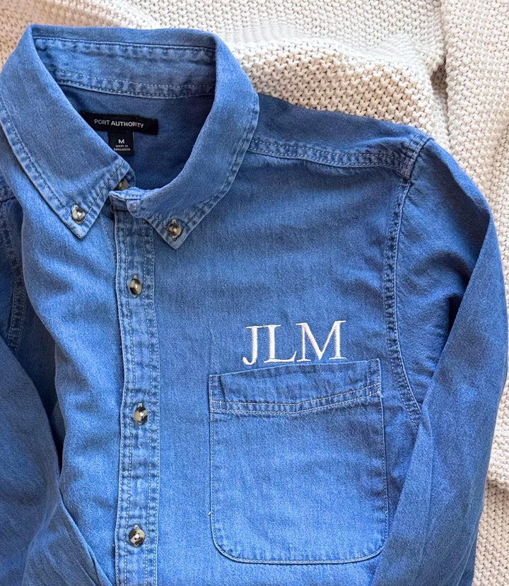 Monogrammed Denim Shirt for Women, Personalized Embroidered Button Down Shirt, Custom Initial Long Sleeve Denim Top, Gift for Women