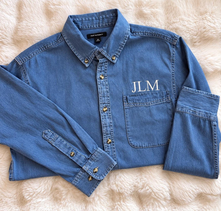 Monogrammed Denim Shirt for Women, Personalized Embroidered Button Down Shirt, Custom Initial Long Sleeve Denim Top, Gift for Women