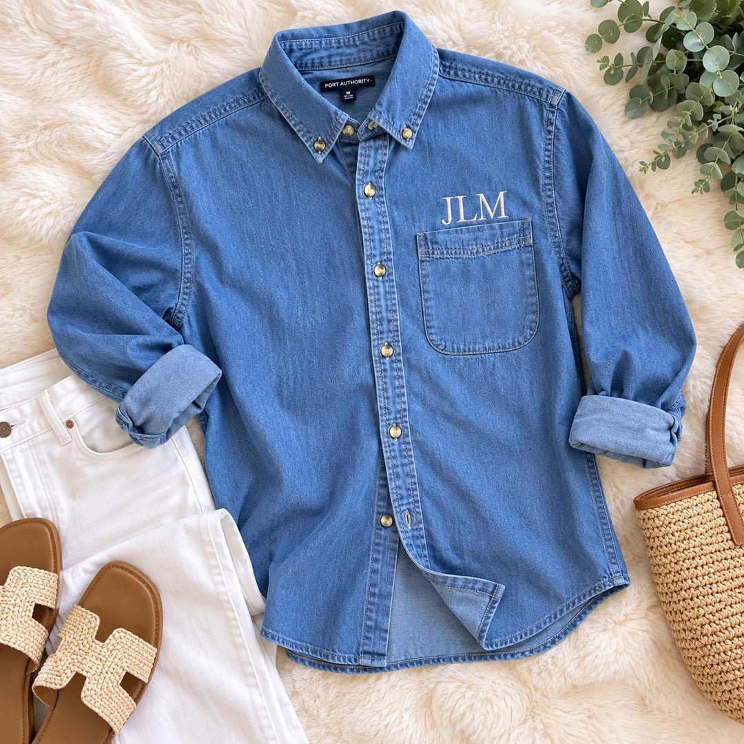 Monogrammed Denim Shirt for Women, Personalized Embroidered Button Down Shirt, Custom Initial Long Sleeve Denim Top, Gift for Women