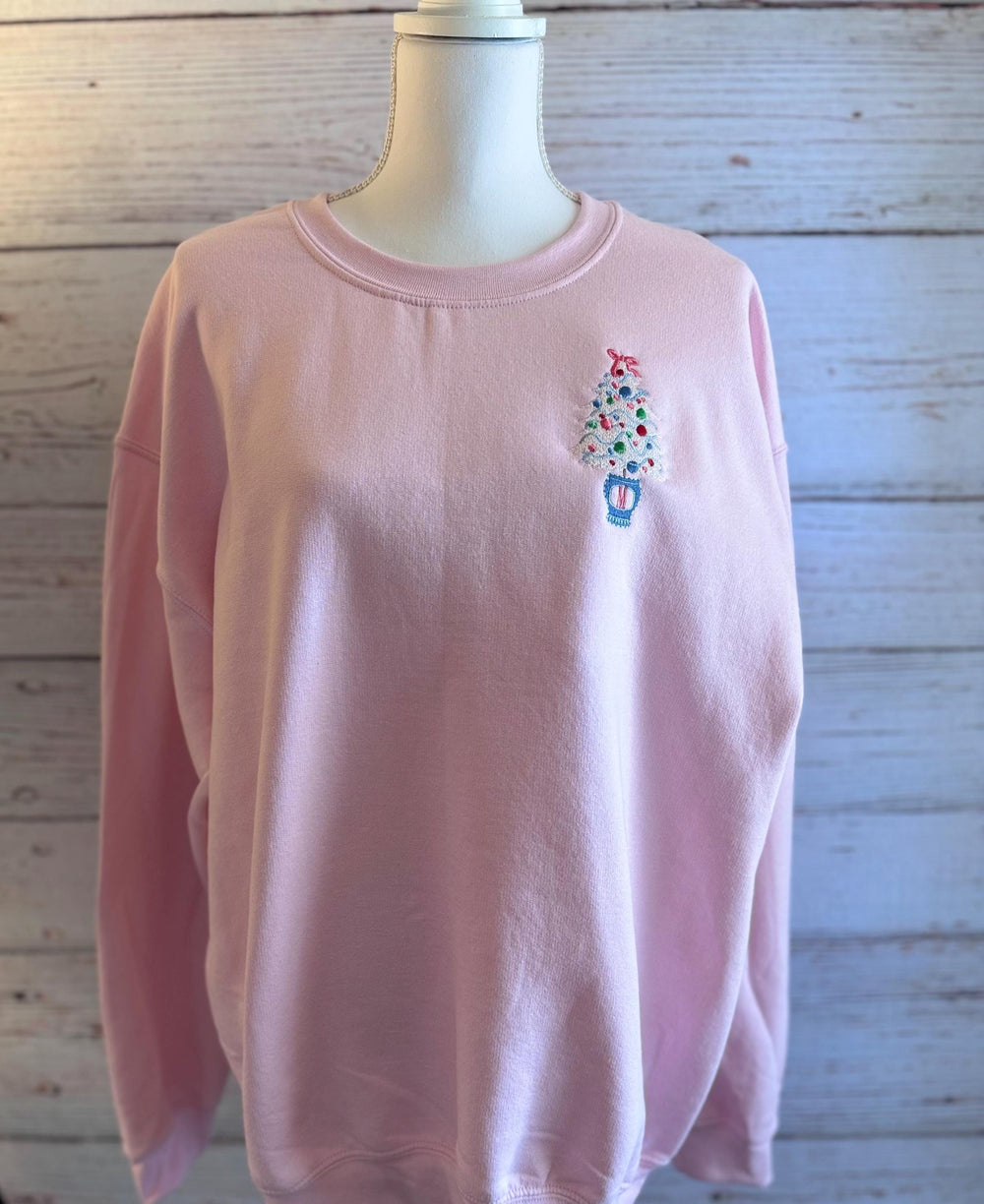 Monogram Christmas Sweatshirt, Personalized Christmas Tree for Women, Pink Embroidered Crewneck Sweater