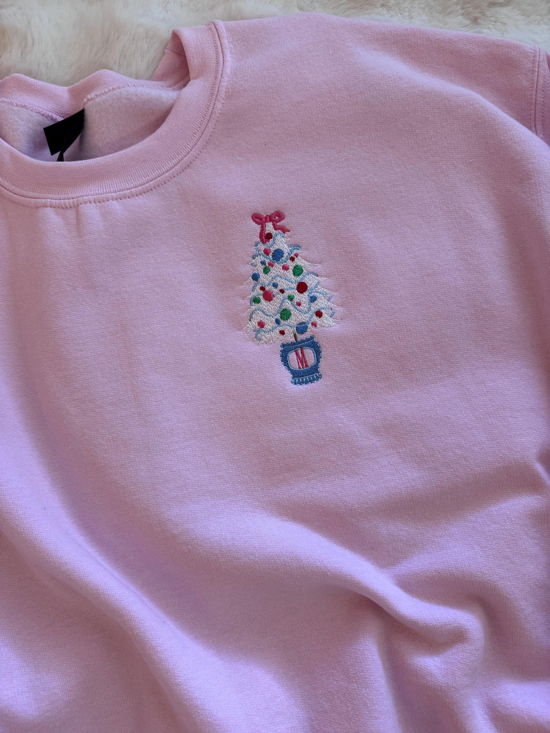 Monogram Christmas Sweatshirt, Personalized Christmas Tree for Women, Pink Embroidered Crewneck Sweater
