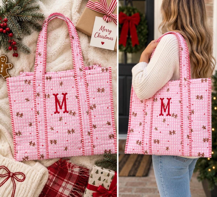 Monogram Christmas Tote Bag, Personalized Christmas Tote, Quilted Tote Bag for Women, Personalized Christmas Gift for Her