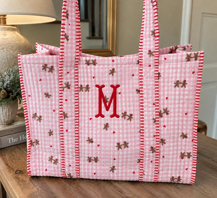 Monogram Christmas Tote Bag, Personalized Christmas Tote, Quilted Tote Bag for Women, Personalized Christmas Gift for Her