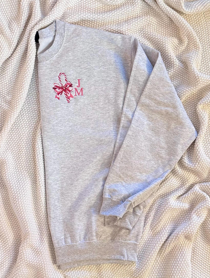 Personalized Christmas Sweatshirt, Monogram Christmas Sweatshirt, Candy Cane Bow Sweatshirt, Embroidered Christmas Party Sweater for Her