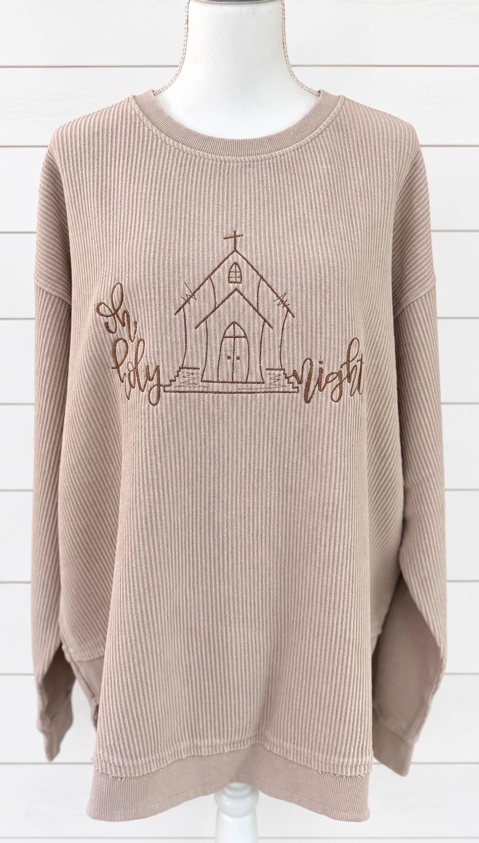 Oh Holy Night Embroidered Sweatshirt or T-Shirt | Neutral Christmas Corded Crewneck | Faith Based Holiday Shirt | Christian Gift for Women