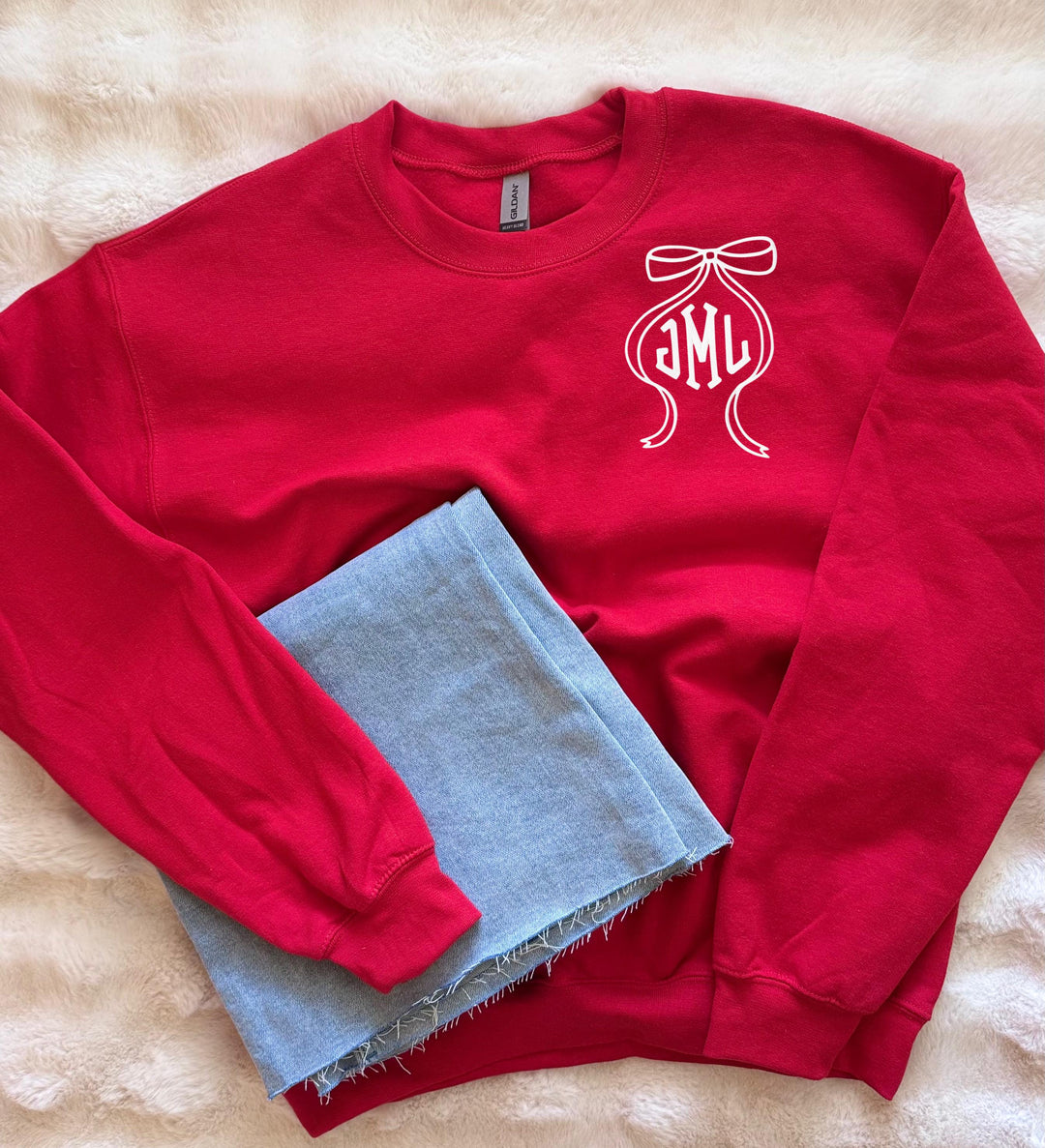 Christmas Monogram Sweatshirt, Personalized Red Sweatshirt with Embroidered Bow, Holiday Monogram Pullover, Christmas Gift for Her