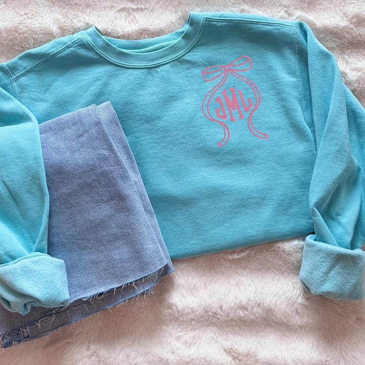 Comfort Colors Monogram Sweatshirt, Embroidered Bow with Initials, Personalized Bow Pullover, Custom Monogram Gift for Her