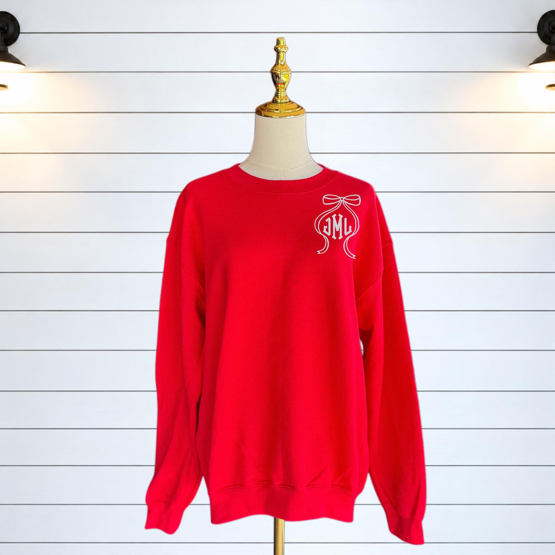 Christmas Monogram Sweatshirt, Personalized Red Sweatshirt with Embroidered Bow, Holiday Monogram Pullover, Christmas Gift for Her