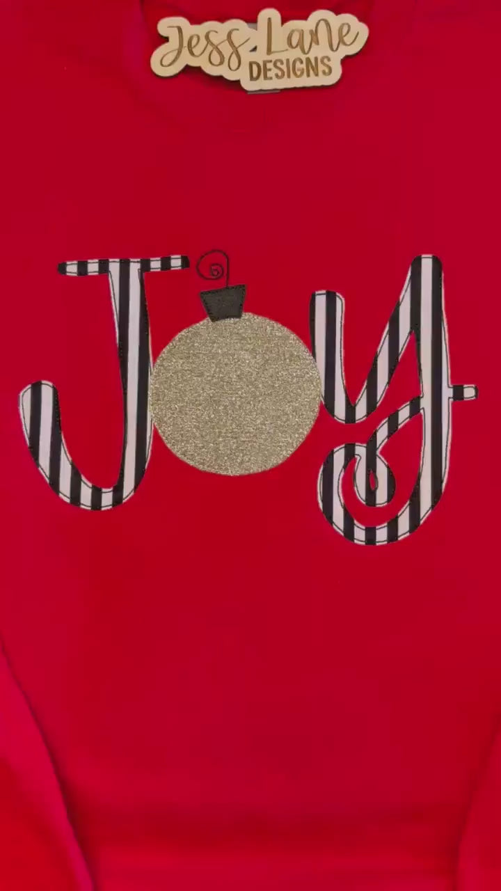 JOY Christmas Embroidered Sweatshirt | Red Holiday Crewneck | Striped Ornament Embroidery | Festive Cozy Christmas Outfit for Moms
