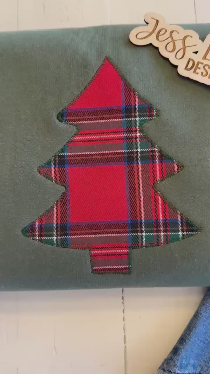Embroidered Plaid Christmas Tree Sweatshirt or T-Shirt | Military Green Holiday Crewneck | Flannel Christmas Top | Classic Cozy Gift for Her
