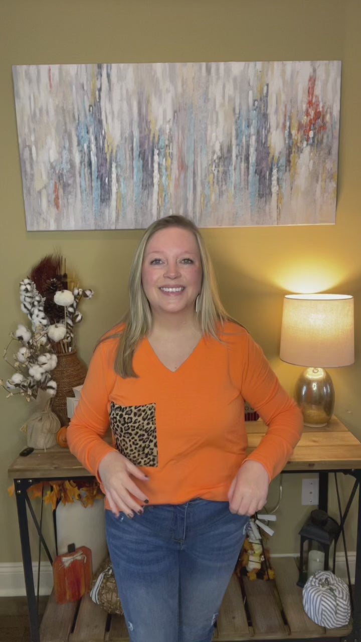 Orange V-Neck Leopard Pocket Top