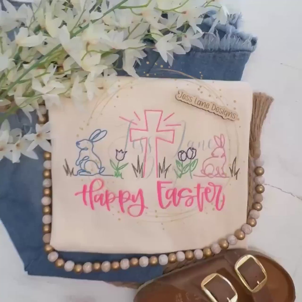 Happy Easter Embroidered Shirt – Cross Bunny Flower Doodle Tee, Christian Easter Shirt, Spring Embroidery Shirt, Easter Sunday Outfit, Gift