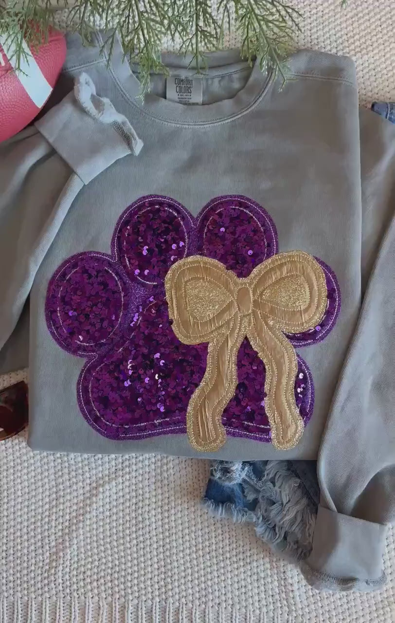 Purple Sequin Paw Sweatshirt, Gold Bow Gameday Crewneck, Comfort Colors Gray (Large)