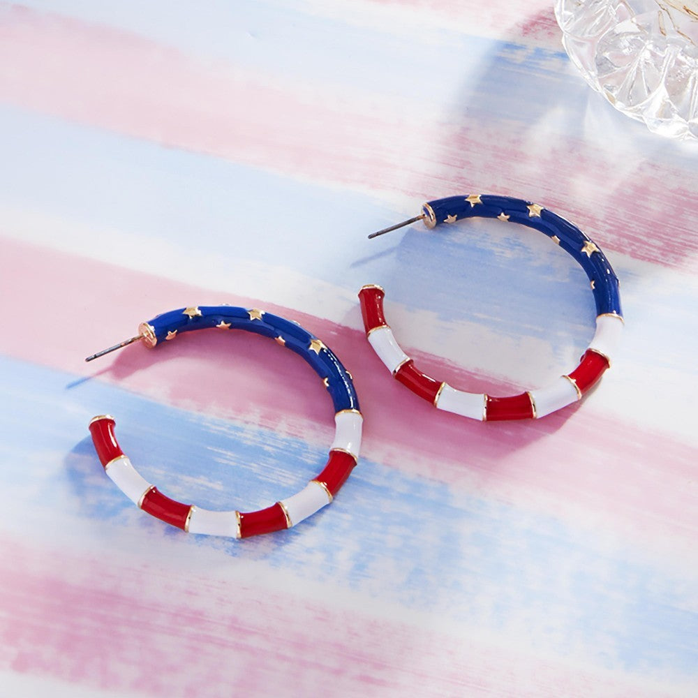 Americana Stars And Stripes Bamboo Drop Hoop Earrings 