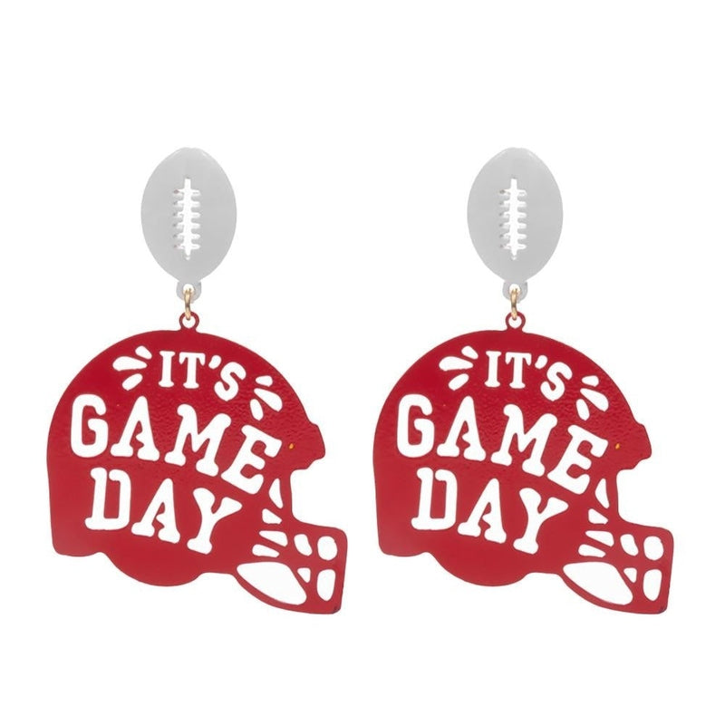 Red & White Stamped 'It's Game Day' Football Helmet Drop Earrings 