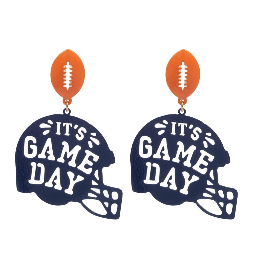 Orange & Blue Stamped 'It's Game Day' Football Helmet Drop Earrings