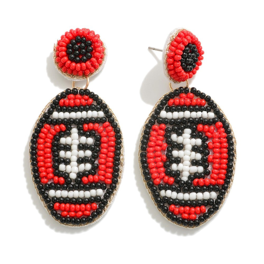 Red, Black & White Seed Beaded Football Drop Earrings