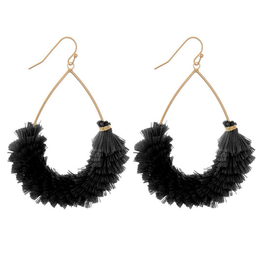 Textured fringe tassel teardrop earrings - Black