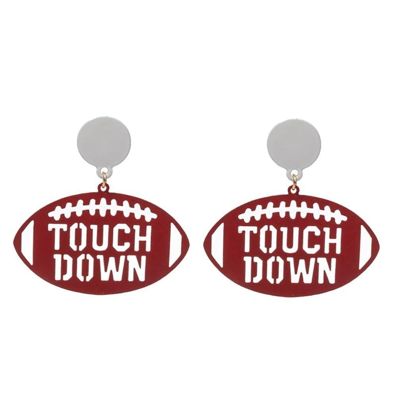 Burgundy & White Touchdown Metal Football Drop Earrings 