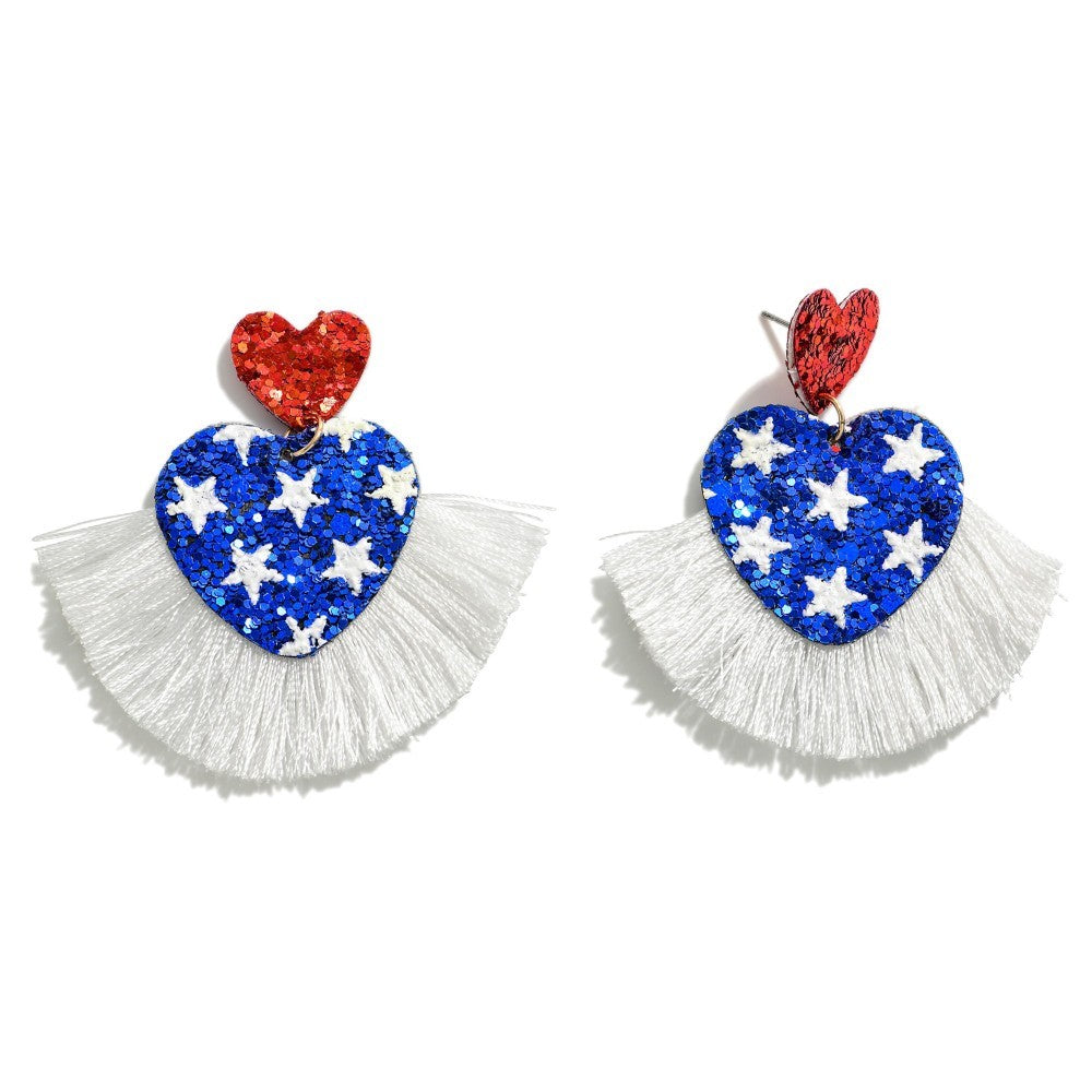 Americana Glitter Heart Drop Earrings With Tassel Detail