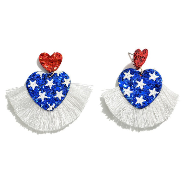 Americana Glitter Heart Drop Earrings With Tassel Detail 