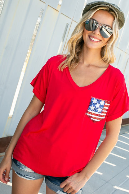 V NECK SHORT SLEEVE AMERICAN FLAG POCKET TOP