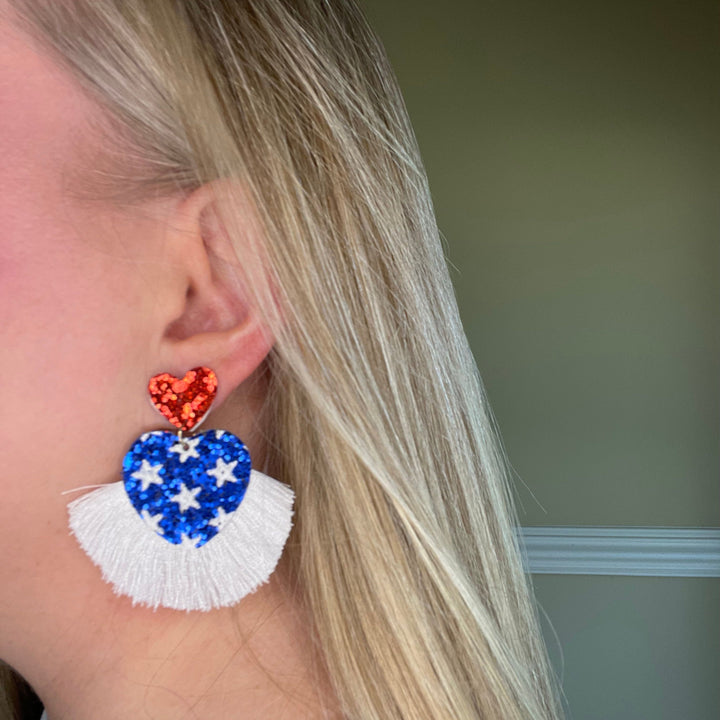 Americana Glitter Heart Drop Earrings With Tassel Detail 