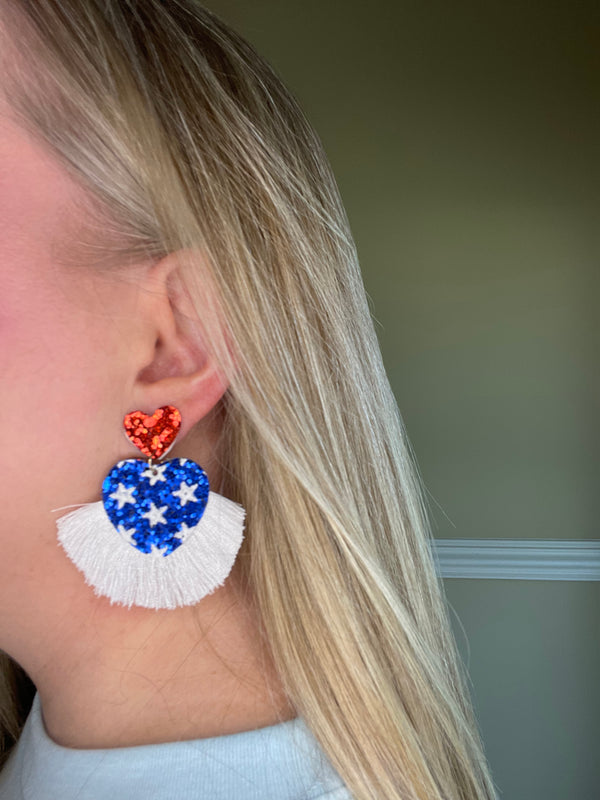Americana Glitter Heart Drop Earrings With Tassel Detail
