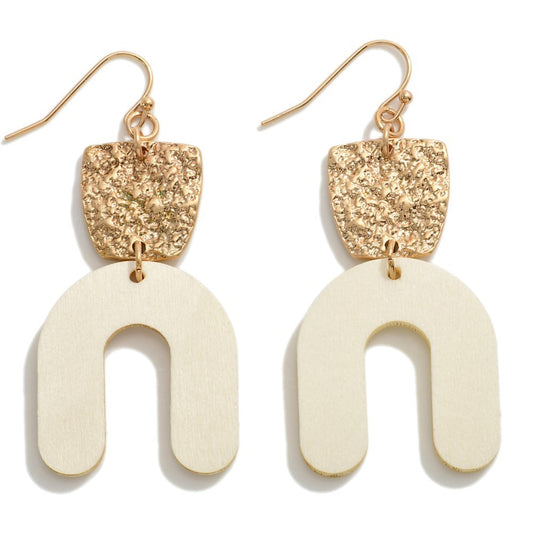 Solid Color Wooden Arch Drop Earrings Featuring Natural Gold Tone Accents