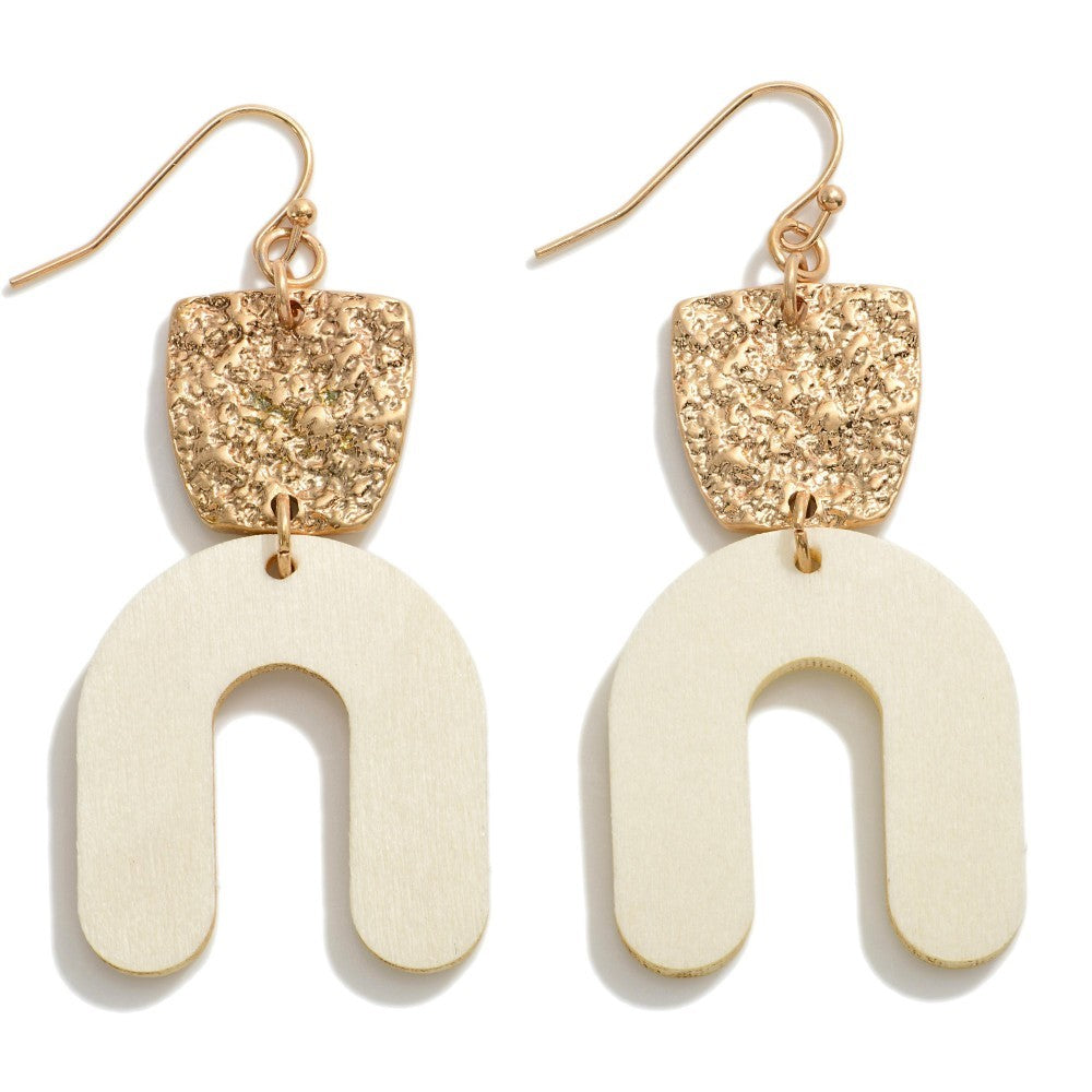 Solid Color Wooden Arch Drop Earrings Natural Gold Tone Accents 