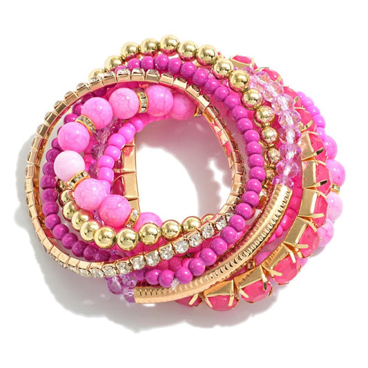 Eight Beaded Stretch Bracelets - Pink