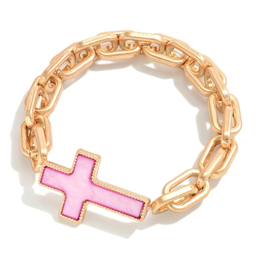 Metal Chain Link Cross Stretch Bracelet -Fuchsia