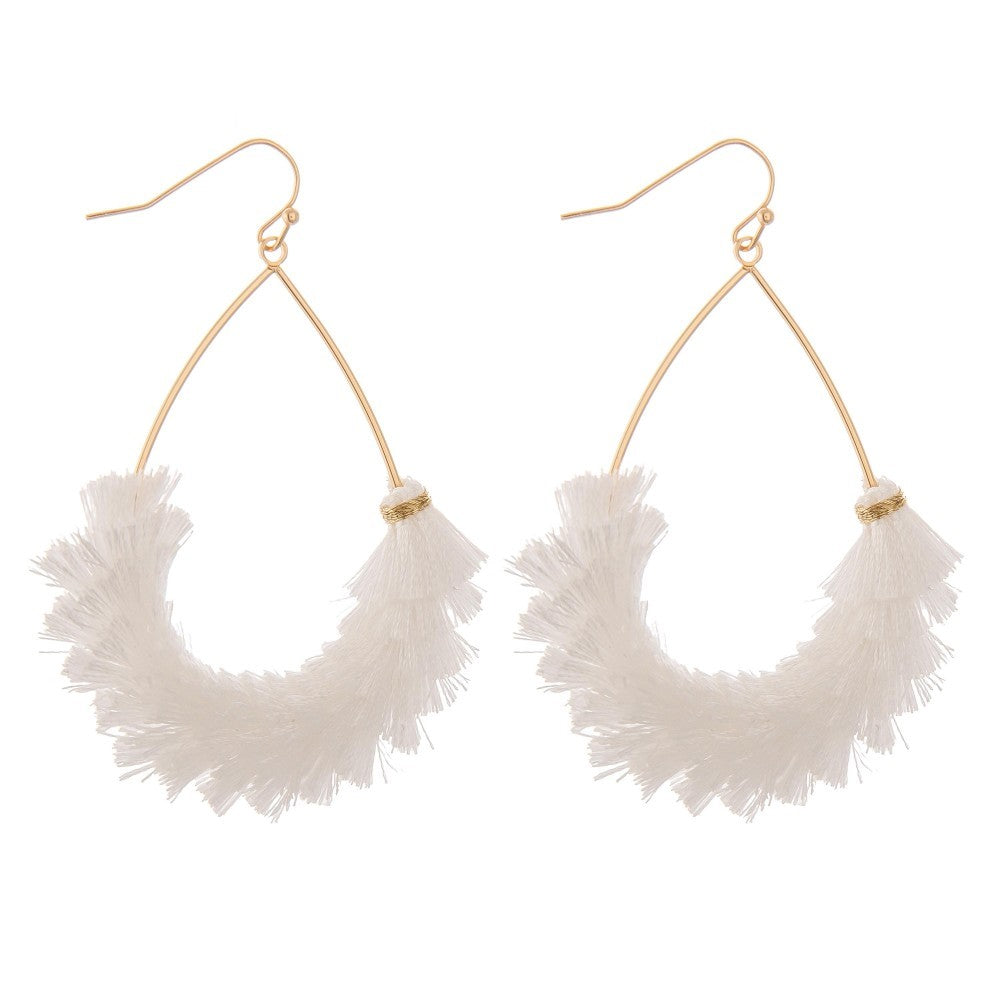 Textured fringe tassel teardrop earrings - White