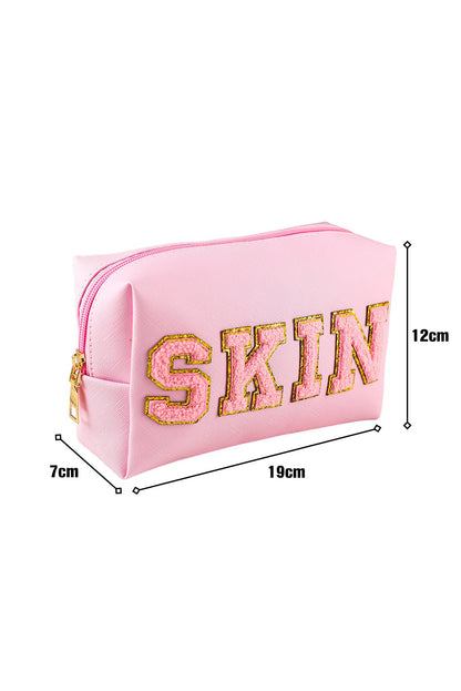 Pink SKIN Embroidered Patch Zipped Cosmetic Bag