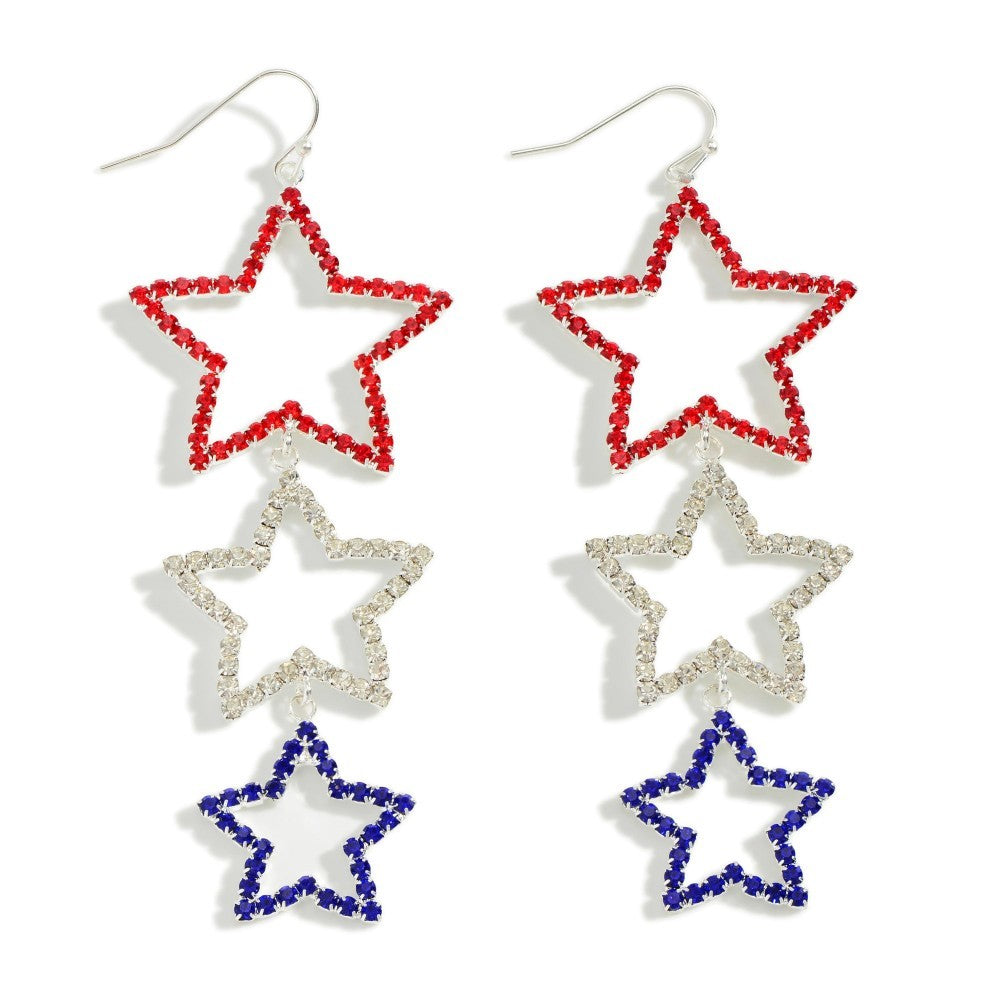 Red White and Blue Rhinestone Stars Drop Earrings