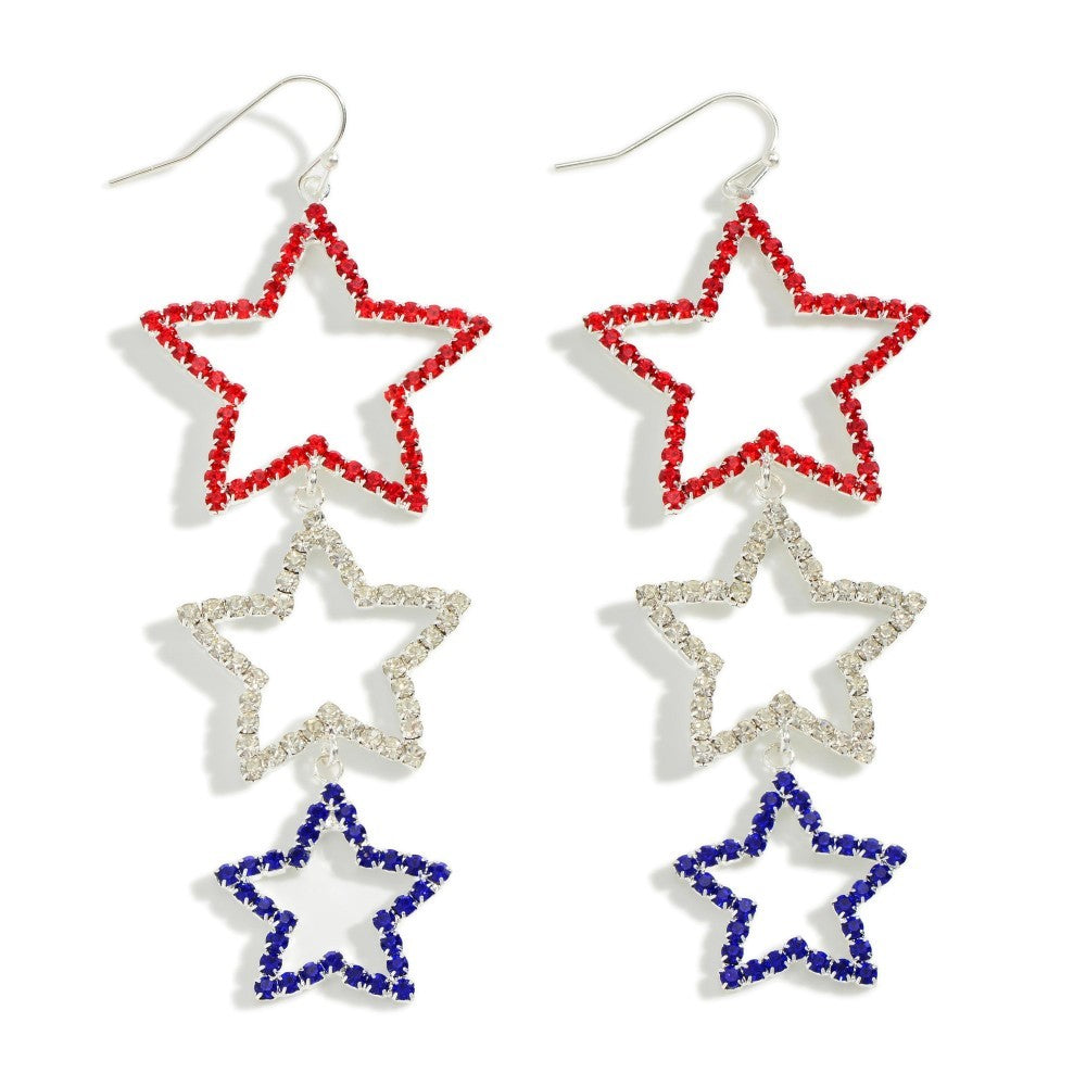 Red White and Blue Rhinestone Stars Drop Earrings 