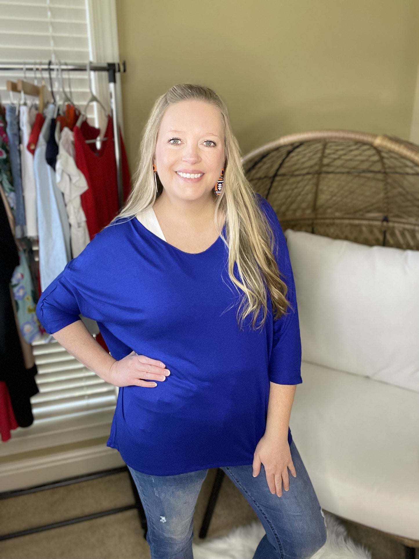 Royal Blue V-Neck Top With 3/4 Semi Dolman Sleeves